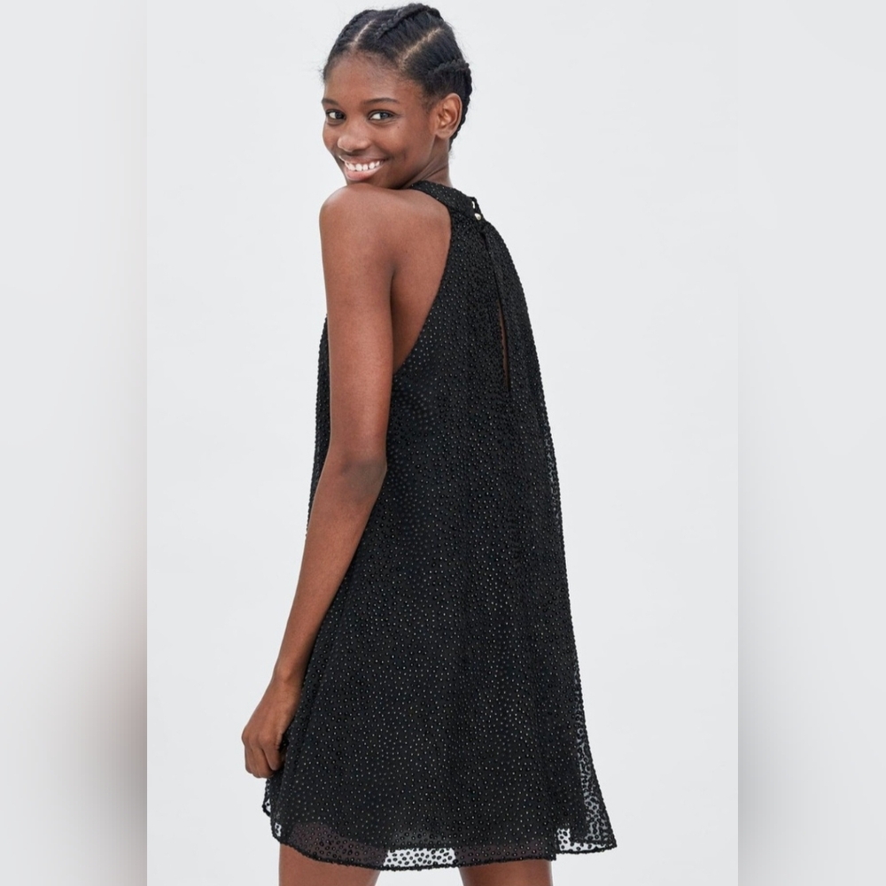 Zara Trafaluc Black Gold Dot Halter Mini Dress Sz L